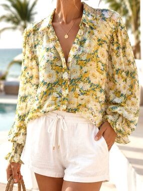 eesome Yellow Floral Button-Down Oversized Flowy Blouse Size S